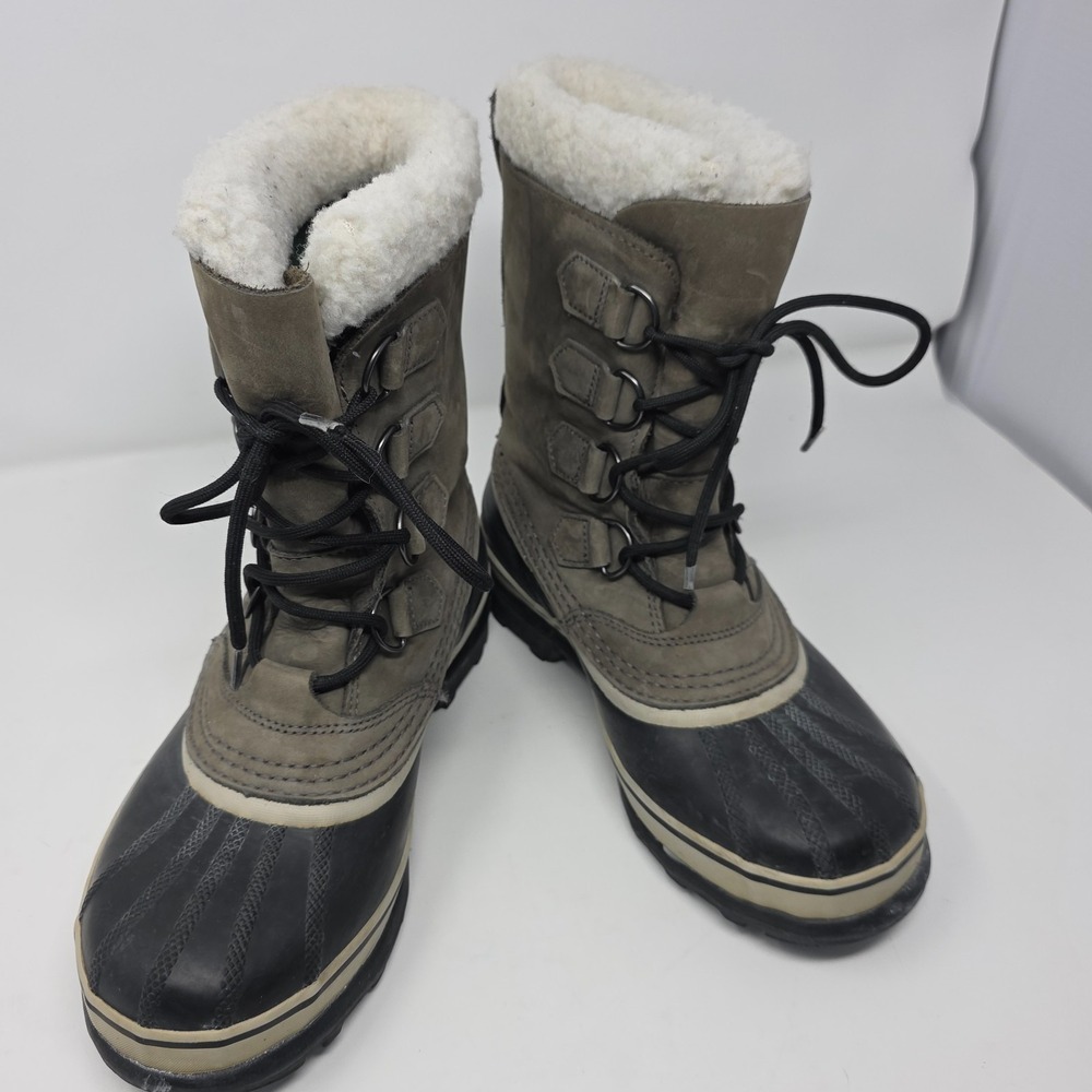 Sorel Snow Boots Womens 6.5 Black Green Caribou Faux Fur Lined Waterproof